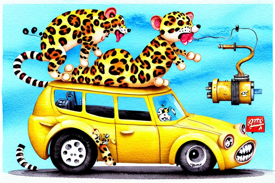 Image similar to cute and funny, leopard riding in a tiny hot rod with oversized engine, ratfink style by ed roth, centered award winning watercolor pen illustration, isometric illustration by chihiro iwasaki, edited by range murata, tiny details by artgerm and watercolor girl, symmetrically isometrically centered