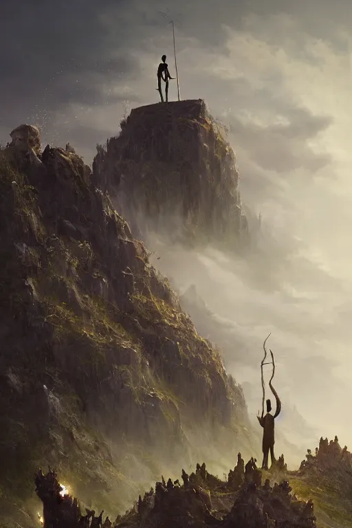 Prompt: profile view, a necromancer on a cliff with a staff casts a spell that reveals the secret of life the universe and everything, dirty linen robes, staff of bones, grizzled bearded withered man by jessica rossier and hr giger