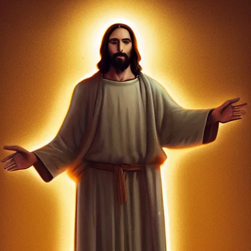 Prompt: Jesus Christ in light form, walking on a road, trending on artstation