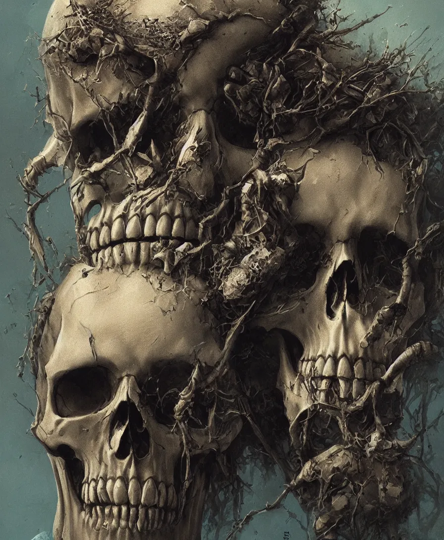 Prompt: close up portrait skull asking, illustrated by simon stalenhag and gaston bussiere, intricate, ultra detailed, photorealistic imagery, trending on artstation, 4 k, 8 k