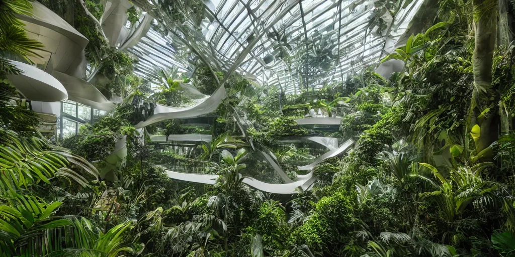 Prompt: lush tropical rainforest with waterfall, interior of bright atrium with lots of natural light, parametric biophilic architecture, atmospheric, zaha hadid and frank gehry inspired, octane 8 k,