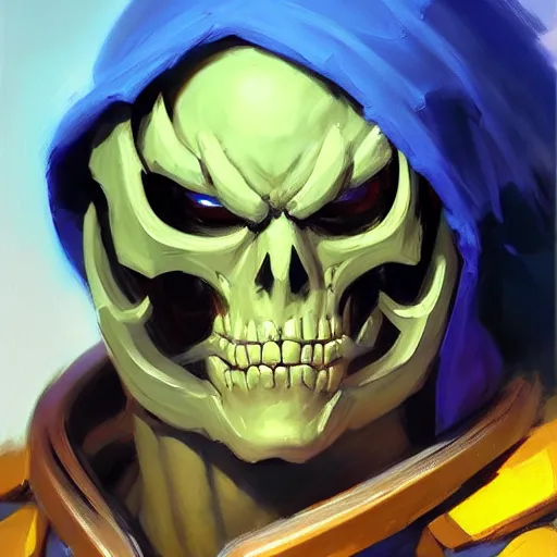 Image similar to Greg Manchess portrait painting of Skeletor as Overwatch character, totally wacky, medium shot, asymmetrical, profile picture, Organic Painting, sunny day, Matte Painting, bold shapes, hard edges, street art, trending on artstation, by Huang Guangjian and Gil Elvgren and Sachin Teng