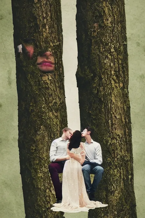Image similar to film double exposure, a man and a woman kissing in front of trees, a stock photo by oleg oprisco, featured on unsplash, romanticism, movie still, uhd image, matte photo, multiple exposure photograph