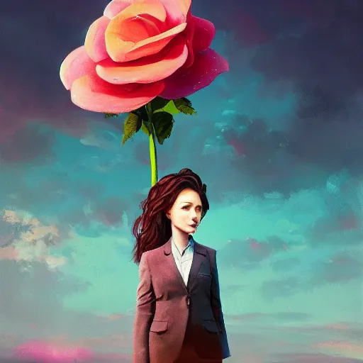 Image similar to giant rose flower head, frontal, girl in a suit, surreal photography, sunrise, dramatic light, impressionist painting, digital painting, artstation, simon stalenhag