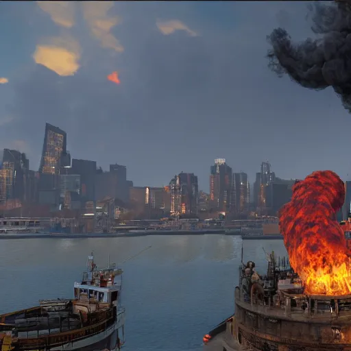 Prompt: large statue of a god standing in harbor, in flames, in a harbor, an ancient city on fire in the background, heavy smoke, unreal engine