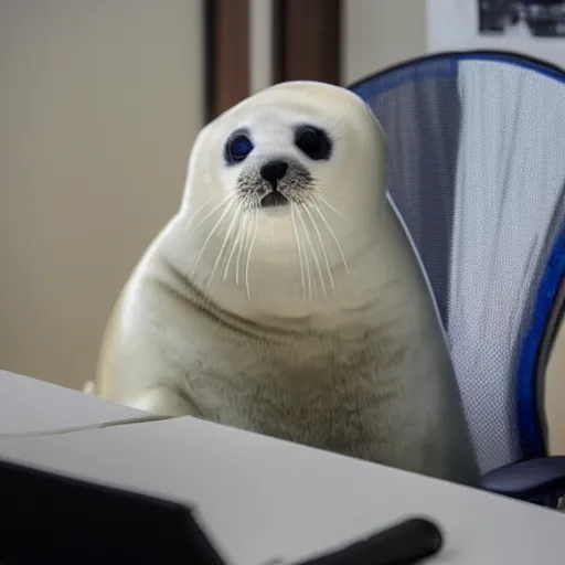 Prompt: a baby harp seal reading nuclear weapon plans in a well - appointed office, photo, gentle bokeh