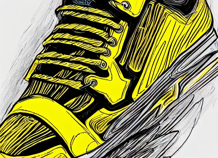 Image similar to sneaker concept, wth short golden lines, yellow details, highly detailed, digital art, sharp focus, trending on art station, anime art style