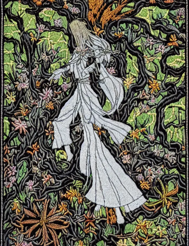 Prompt: priestess of the lichen woods. embroidered tapestry by the award - winning mangaka, bloom, chiaroscuro, backlighting, depth of field.