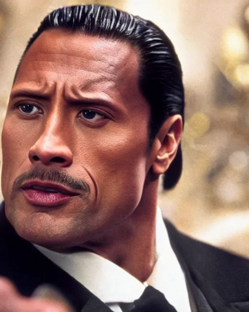 Image similar to film still close up shot of dwayne johnson as vito corleone from the movie the godfather. photographic, photography