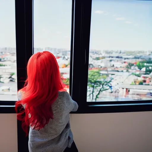 Image similar to an attractive anime woman with multicolored hair looking out of a window of a tall building