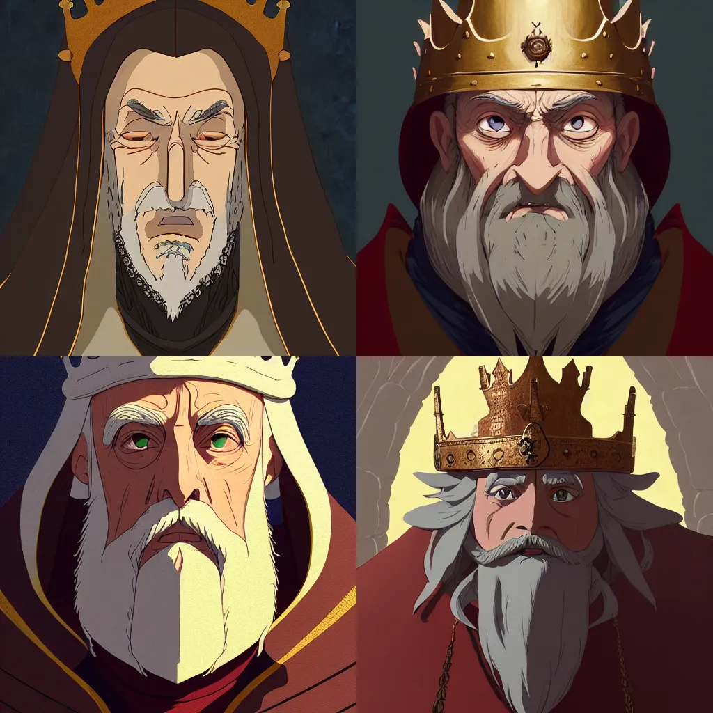 Image similar to portrait of a medieval old king, artstation, cartoon, elegant, highly detailed, digital painting, concept art, smooth, sharp focus, illustration, art by studio ghibli, makoto shinkai, don bluth, fujita goro, jean giraud, atey ghailan, akihiko yoshida, tom whalen, anton fadeev 8 k