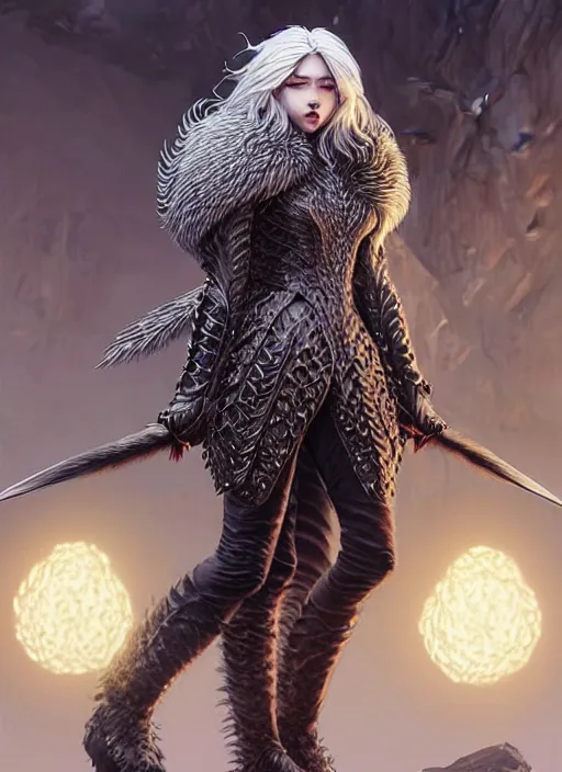 Image similar to fur coated armor!!! long wild white hair!! covered chest!!! fantasy, d & d, intricate ornate details, symmetry, concept art, sharp focus, illustration, art by artgerm! greg rutkowski magali villeneuve wlop! ilya kuvshinov!!, octane render, unreal engine 5, highly rendered!!