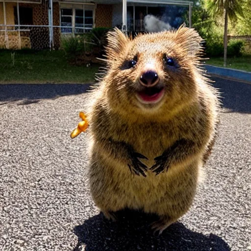 Image similar to a quokka laughing while a house is on fire in the background