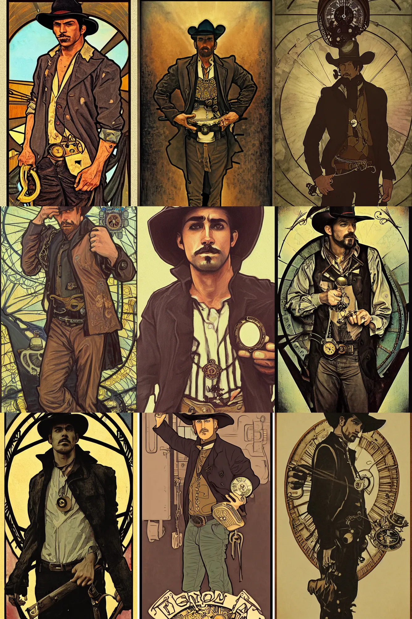 Prompt: a dramatic moody symmetrical painting of a suspicious handsome cowboy holding a pocketwatch | his shirt is ripped open | background is a train locomotive | tarot card, art deco, art nouveau, steampunk | by Alphonse Mucha, by Mark Maggiori | trending on artstation