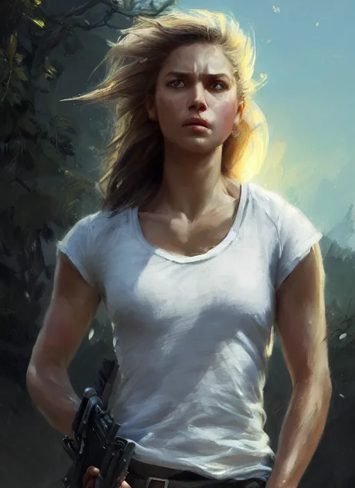 Prompt: epic portrait cinematic shot an female survivor wearing a white t shirt and a military vest, flowing hair, sweaty skin, fine details. night setting. realistic shaded lighting poster by craig mullism, artgerm, jeremy lipkin and michael garmash, unreal engine, radiant light, detailed and intricate environment, digital art, trending on art station,