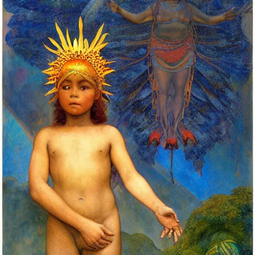 Image similar to child of the lost city of the sun, by Annie Swynnerton and Diego Rivera and Tino Rodriguez and Maxfield Parrish, elaborate headdress, iridescent beetles, rich color, dramatic cinematic lighting, extremely detailed