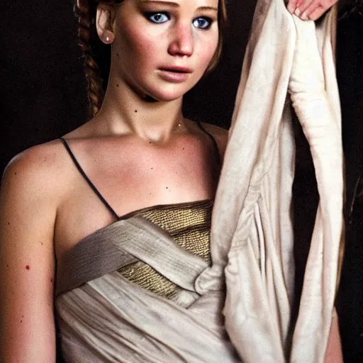 Image similar to first photos of 2 0 2 4 female 3 0 0 remake - jennifer lawrence as leonidas, ( eos 5 ds r, iso 1 0 0, f / 8, 1 / 1 2 5, 8 4 mm, postprocessed, crisp face, facial features )