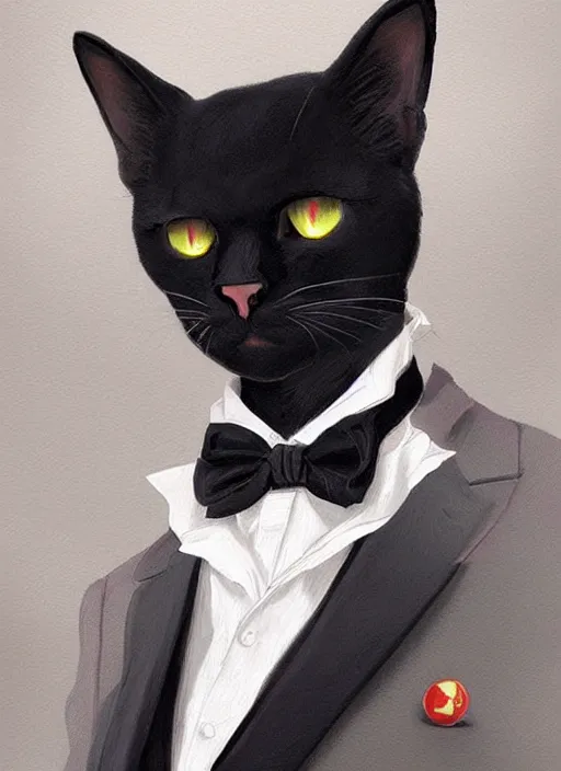 Prompt: portrait of a serious and intelligent black cat scholar!!!!! in a retro!!! suit, digital art by artgerm and greg rutkowski