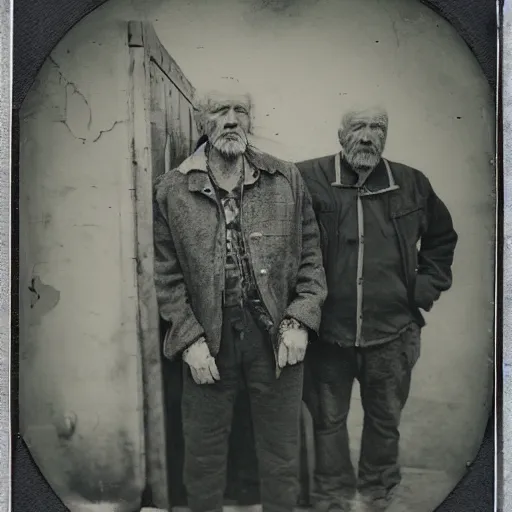 Image similar to tintype photograph, post - nuclear town, old man, tattooed man, sad man, 2 0 9 0 s