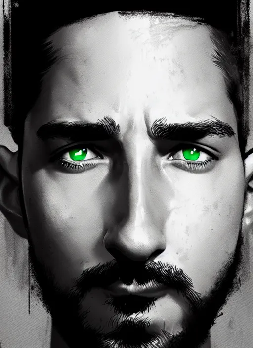 Image similar to highly detailed closeup portrait motivational poster of shia lebouf with large bold letter motivational words by greg rutkowski, by artgerm, gradient green, black and white color scheme, black border