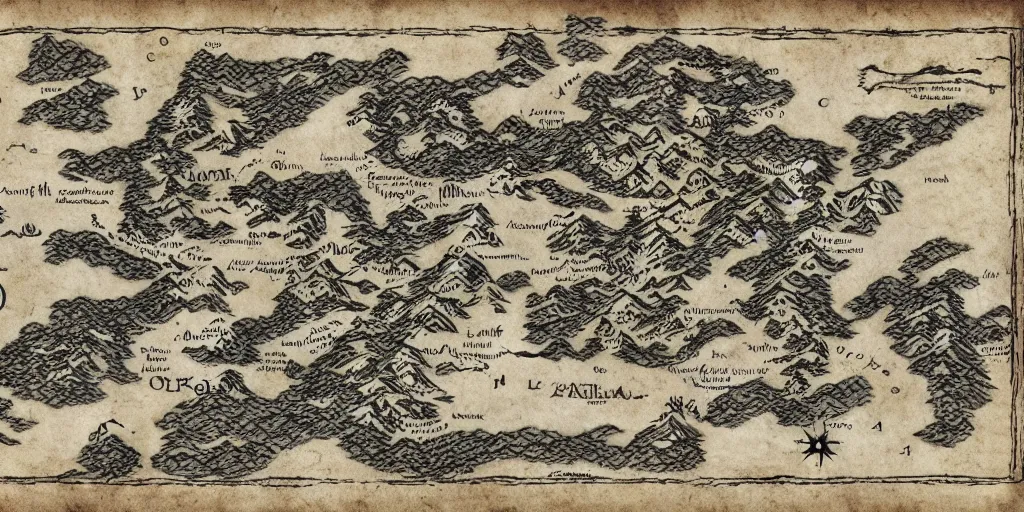 Prompt: Map of the realm of the wolf crew. Wolf face map. wolves. Ancient magic, medieval fantasy map, mountains, islands, forests. Map-style Skyrim, Lord of the rings map, zelda breath of the wild map, video game style, drawing on a parchment