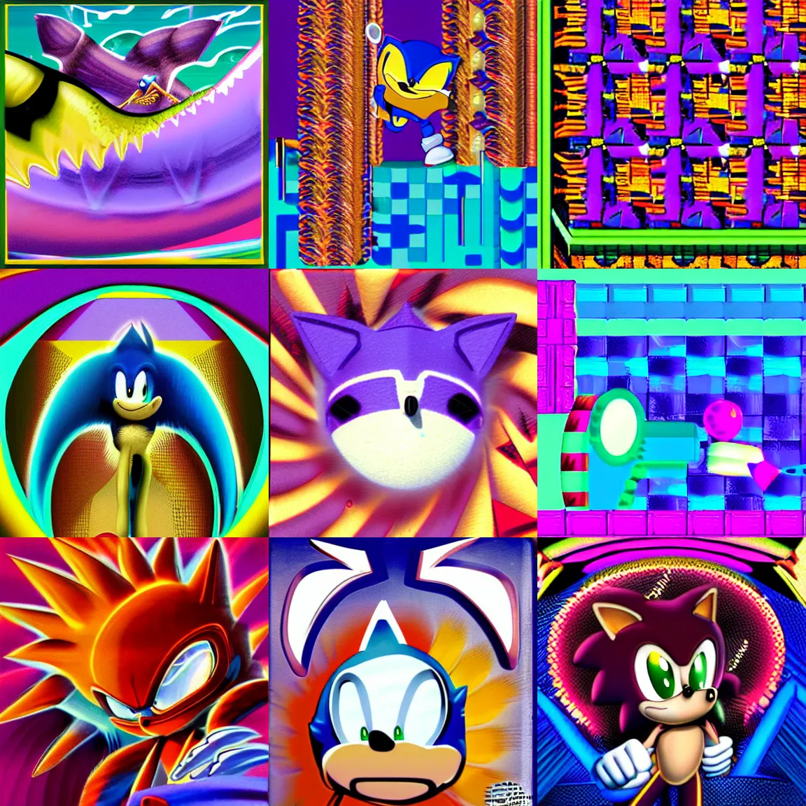 Prompt: sonic the hedgehog in a surreal, sharp, detailed professional, high quality portrait sonic airbrush art mgmt album cover portrait of a liquid dissolving lsd dmt sonic the hedgehog surfing through cyberspace, purple checkerboard background, 1 9 9 0 s 1 9 9 2 sega genesis video game album cover