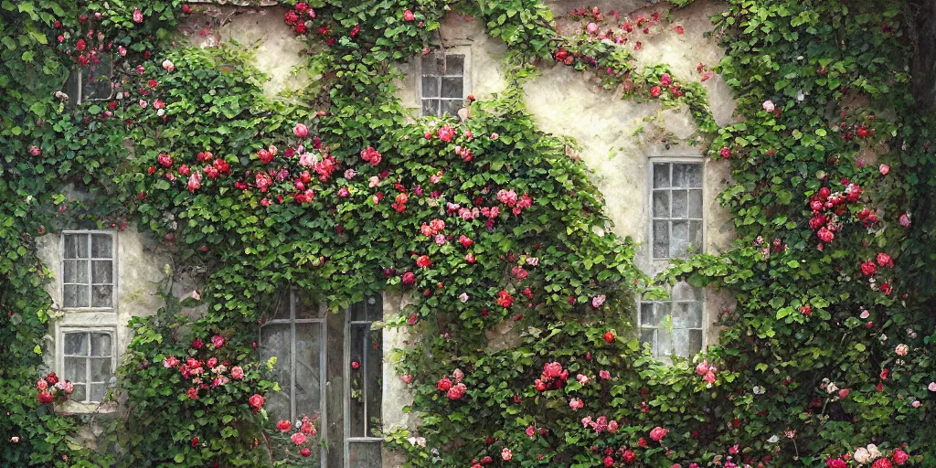 Image similar to cottage wall, outside garden courtyard with vines and ivy growing up the wall, beautiful roses, flowers, unreal, fantasy, intricate, elegant, dramatic, highly detailed, photorealistic, digital painting, painterly, artstation, concept art, smooth, sharp focus, art by john collier and krenz cushart and artem demura and albert aublet