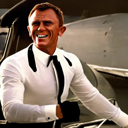 Prompt: James Bond laugh hard because the humberger to large