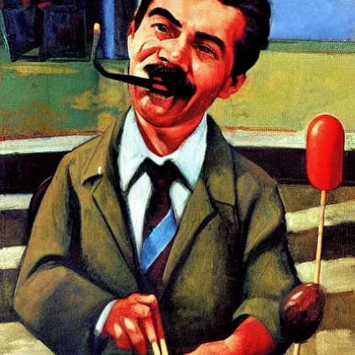 Image similar to joseph stalin riding a roller coasters holding a lollipop by thiebaud, wayne