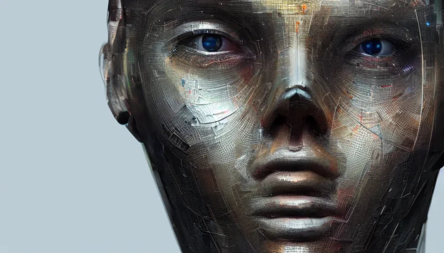 Image similar to hyperrealistic mixed media portrait of humanoid roboter forward angle, stunning 3d render inspired art by P. Craig Russell + perfect facial symmetry + dim volumetric lighting, 8k octane beautifully detailed render, post-processing, extremely hyperdetailed, intricate complexity, epic composition, grim yet sparkling atmosphere, cinematic lighting + masterpiece, trending on artstation
