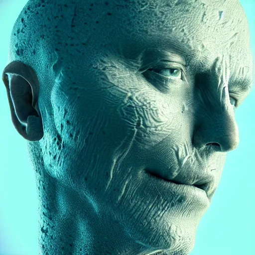 Prompt: a man who's face is covered in ridges of fractal human hands, octane render, subsurface scattering, intense lighting