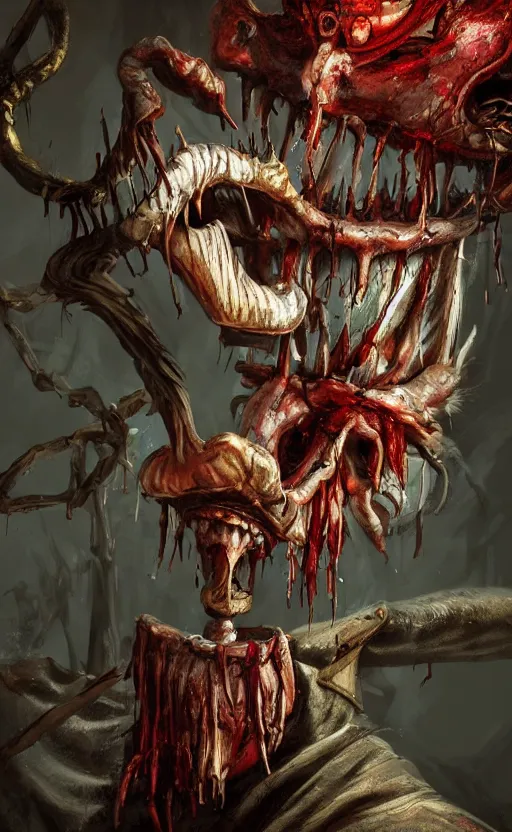 Image similar to photorealistic fantasy concept art of pinocchio as a monster, with bloody dripping down his face and mouth, dynamic lighting, cinematic, ultra detailed, stunning visuals, creative, trending on art station