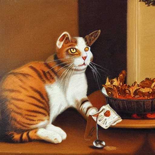 Prompt: cat eating dinner alone, Rococo oil painting
