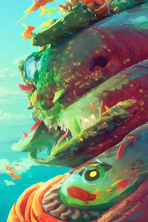 Image similar to 3 d render creature animal sushi cristal very big eye roots cactus elemental flush of force nature micro world fluo fishscale, comics gta 5 cover, official fanart behance hd artstation by jesper ejsing, by rhads, makoto shinkai and lois van baarle, ilya kuvshinov, ossdraws