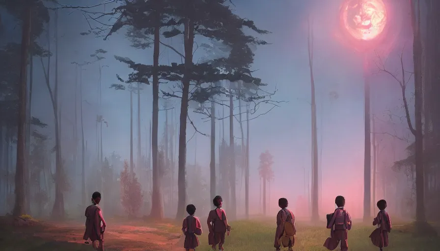 Prompt: kerala school kids wearing gender neutral uniform, an epic fantasy, dramatic lighting, cinematic, establishing shot, extremely high detail, photorealistic, cinematic lighting, artstation, matte painting by simon stalenhag, horizon forbidden west