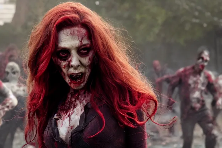 Prompt: film still of zombie zombie Scarlet Witch as a zombie in new avengers movie, 4k