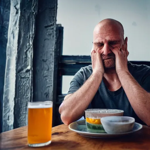 Image similar to a 4 5 years old man, depressed, drinking ginger beer