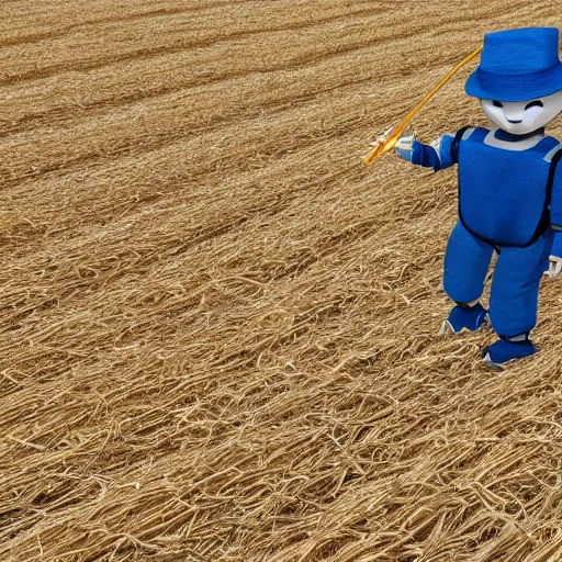 Prompt: a photo of a humanoid robot wearing a straw hat blue overalls in the corn field, photorealistic, 8 k, castle background