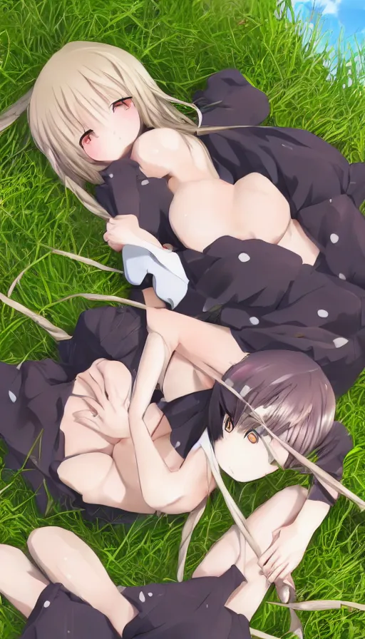 Prompt: two cute anime characters lying in a grass bed huggig, realistic face, detailed face, detailed eyes, short miniskirt, lightly dressed, bikini, ultra detailed digital art, hyper real, detailed, ultra detailed, ground up angle, full body shot, wide angle, renaissance painting