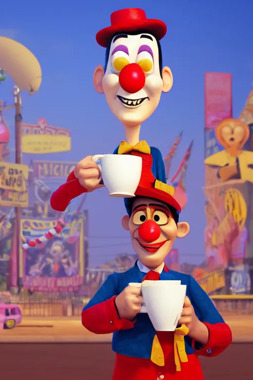 Image similar to portrait of a clown holding a cup of coffee with the circus in background, full body. pixar disney 4 k 3 d render funny animation movie oscar winning trending on artstation and behance. up movie style.