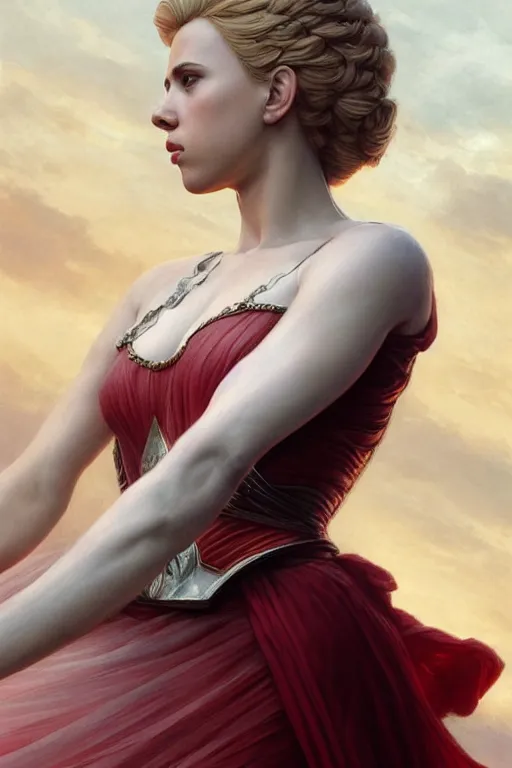 Prompt: Scarlett Johansson as the Queen of Greece, anatomy, only two hands, highly detailed, digital painting, artstation, concept art, smooth, sharp focus, illustration, Unreal Engine 5, 8K, art by art by artgerm and greg rutkowski and edgar maxence