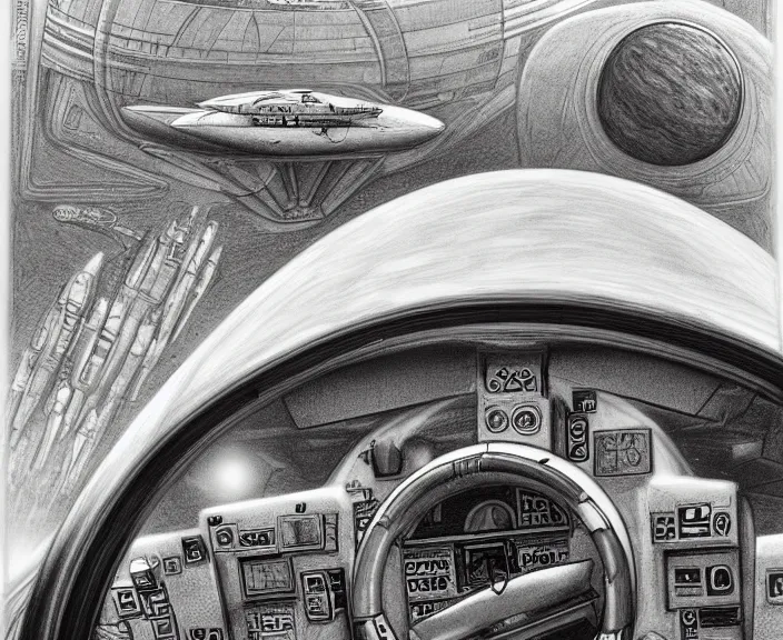 Prompt: a futuristic, complex, detailed, intricate chalk and charcoal drawing of a starship cockpit, with a planet visible through the windscreen, concept art for an alien movie by ron cobb