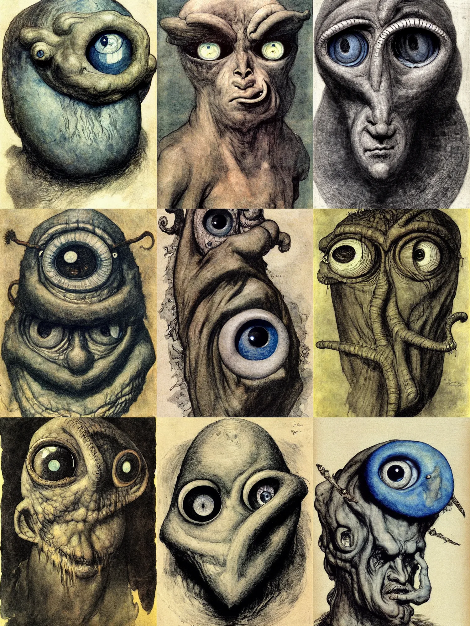 Prompt: one-eyed single-eyed blue-skinned Polyphemus Cyclops concept art with one huge eye. Extremely high detail, details, realistic, solo, masterpiece, full-face portrait, art by Arthur Rackham, Muzinabu, Johann Tischbein