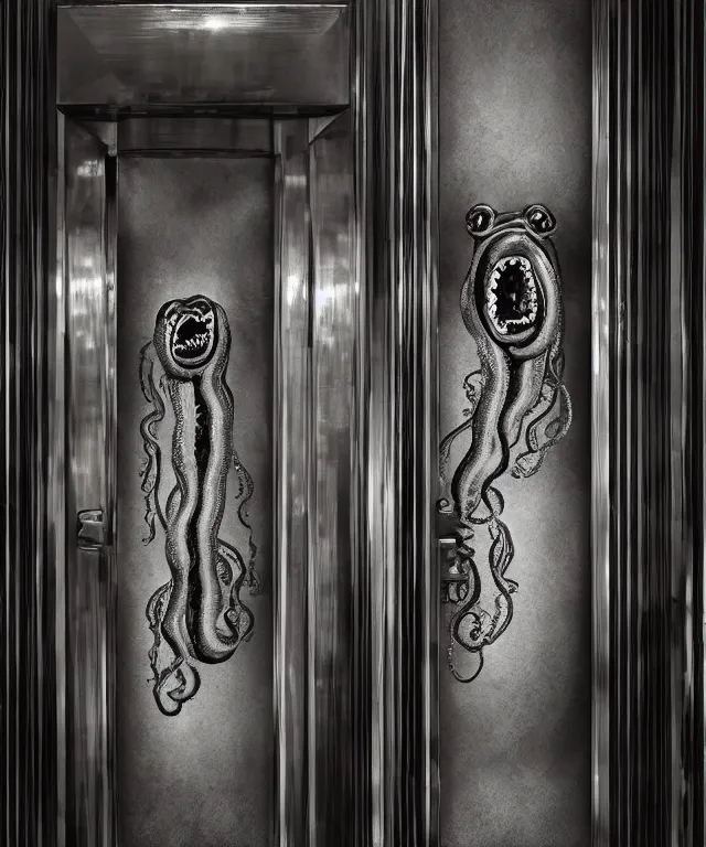 Image similar to horrifying photorealistic image of a 1 9 2 5 hotel elevator lobby, elevator doors look like a mouth, with a tentacle - shaped tongue, licking out, full color, dark, atmospheric, brooding, smooth, finely detailed, cinematic, epic, in the style of lee gibbons