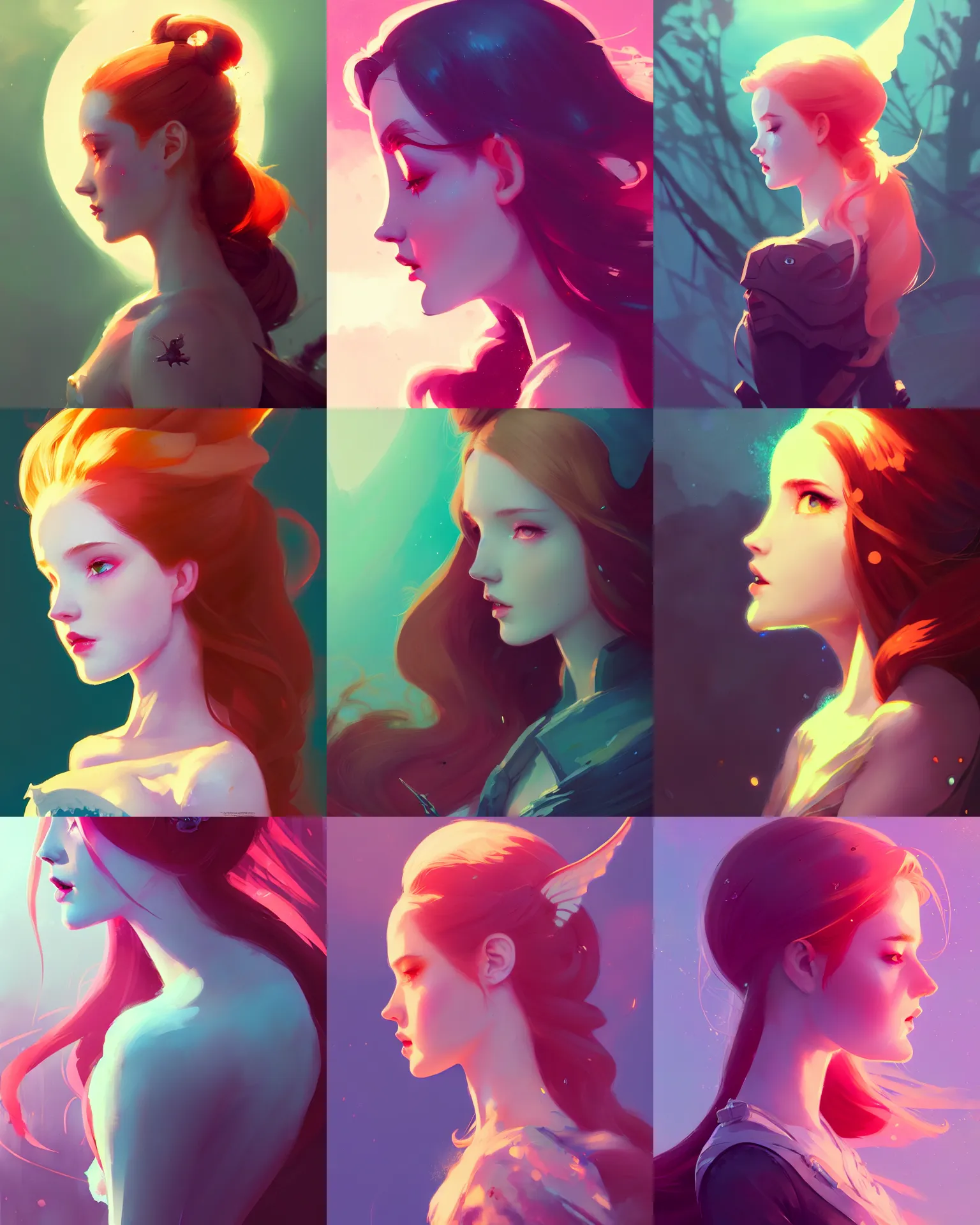 Prompt: side - profile painted portrait, ellie bamber fairy, backlit, smooth, gaudy colors, overlord, dota matte painting concept art, official fanart behance artstation by atey ghailan, greg tocchini, james gilleard, joe fenton, kaethe butcher