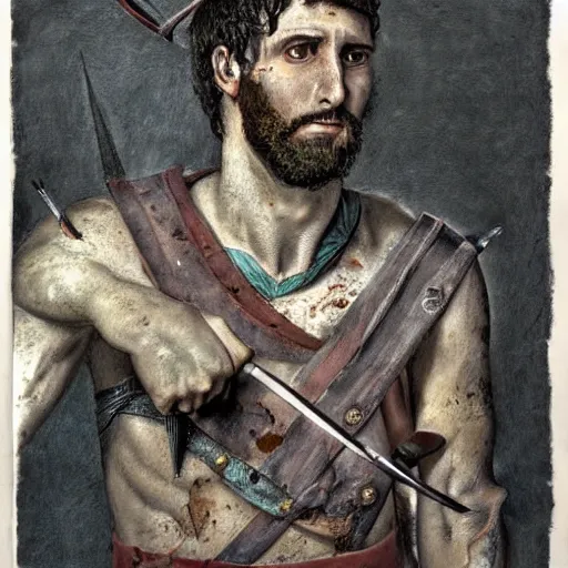 Image similar to self portrait, roman man with battle scar on his chest holding his sword on his shoulder, pencil art, detailed, handsome, colored, bloody