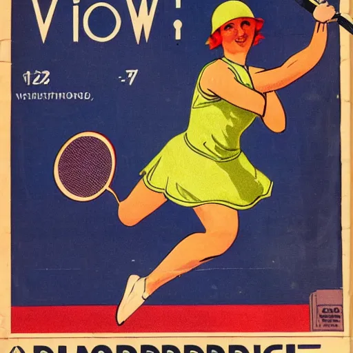 Image similar to a 1 9 2 8 cover of a danish magazine. happy, healthy, beautiful, smiling, young, sporty, glowing woman in decent athletic wear playing tennis. realistic detailed color drawing