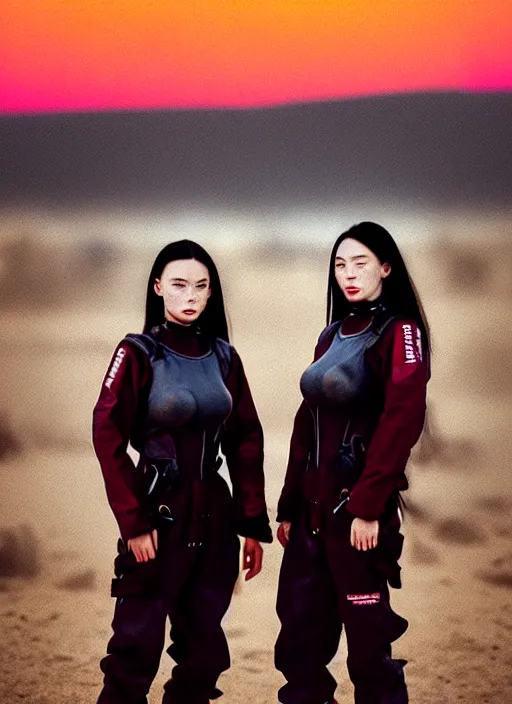 Image similar to photographic portrait shot on cinestill 5 0 d of two loving clones, techwear women on a desolate plain with a red sky, a brutalist dark metal facility in the background, dust storm, 3 5 mm, 8 k, depth of field, high resolution, ultra realistic faces