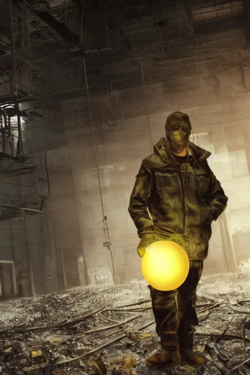 Prompt: a stalker with a detector in his hand from the game s.t.a.l.k.e.r stands next to a large translucent luminous sphere in an abandoned factory, realistic art