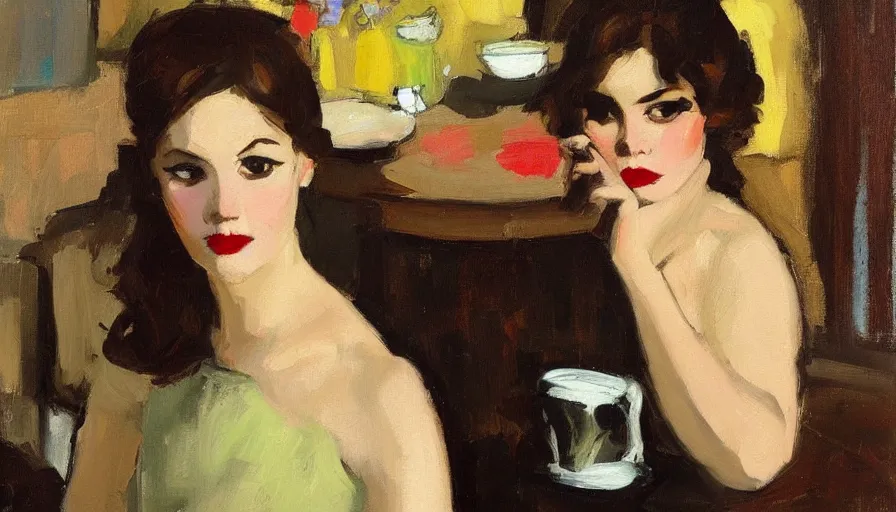 Image similar to painting by malcolm t liepke, young woman in cafe, detailed, stunning